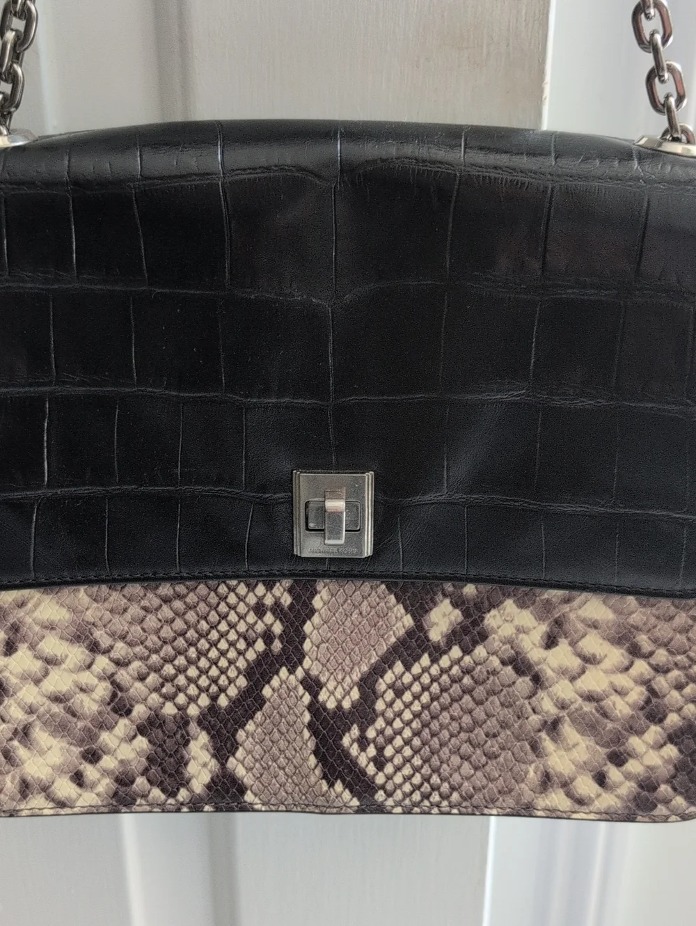 Michael Kors Black Croc Embossed Leather Flap Shoulder Bag with Snake-Print Body